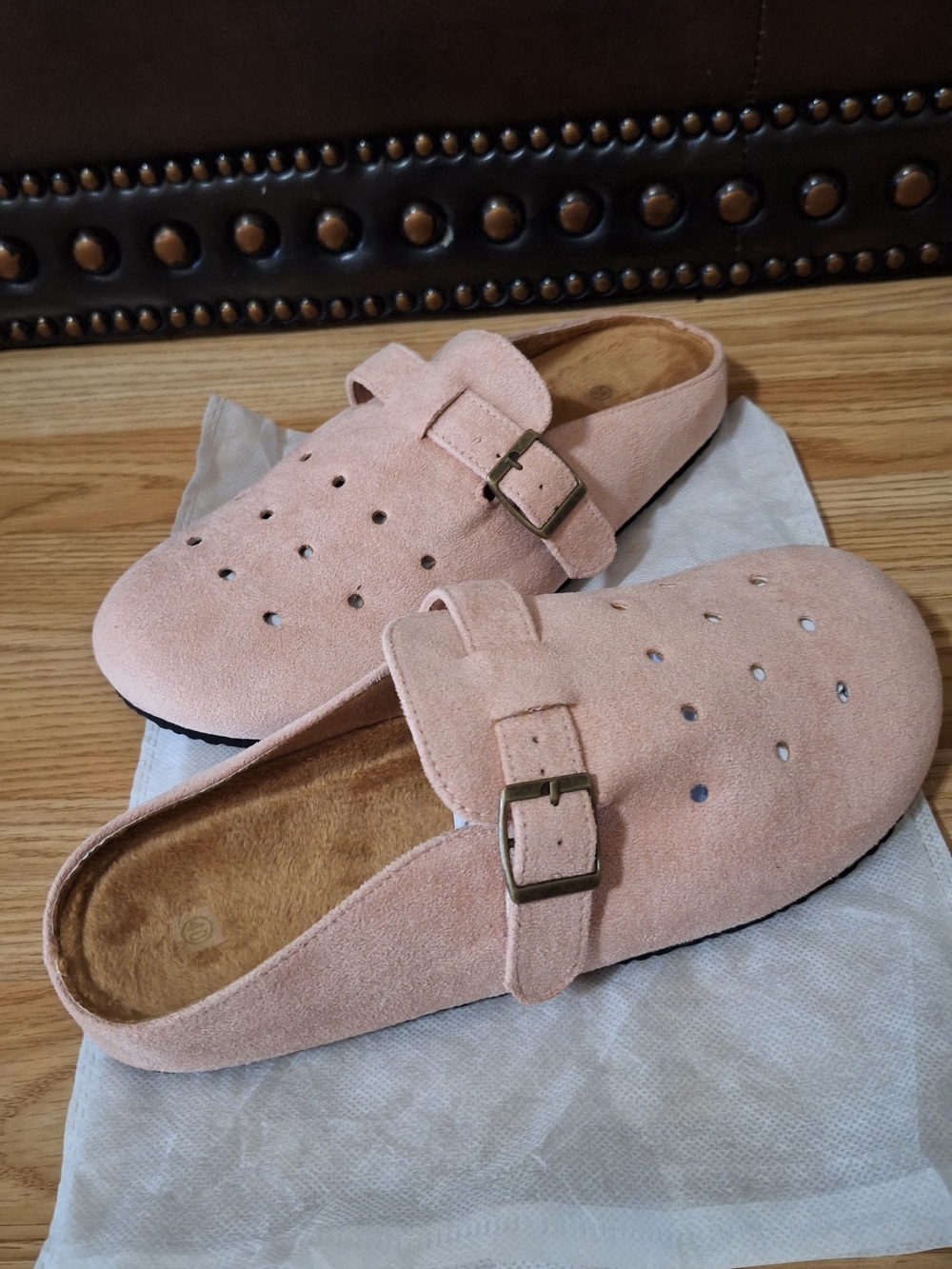 Women's Suede Buckle Mules in Soft Dust  Pink Brand  Solecia